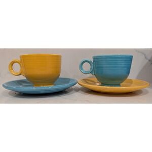 Homer Laughlin HLO Fiesta Turquoise and Yellow Older Footed Cup & Saucer Sets